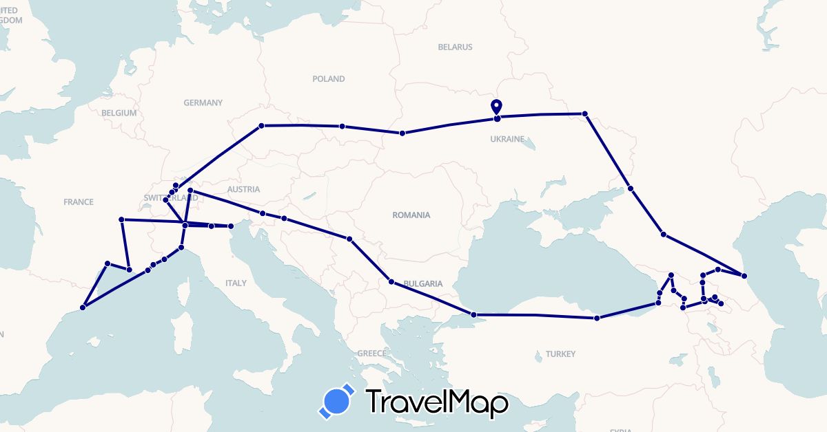 TravelMap itinerary: driving in Bulgaria, Switzerland, Czech Republic, Spain, France, Georgia, Croatia, Italy, Liechtenstein, Poland, Serbia, Russia, Slovenia, Turkey, Ukraine (Asia, Europe)